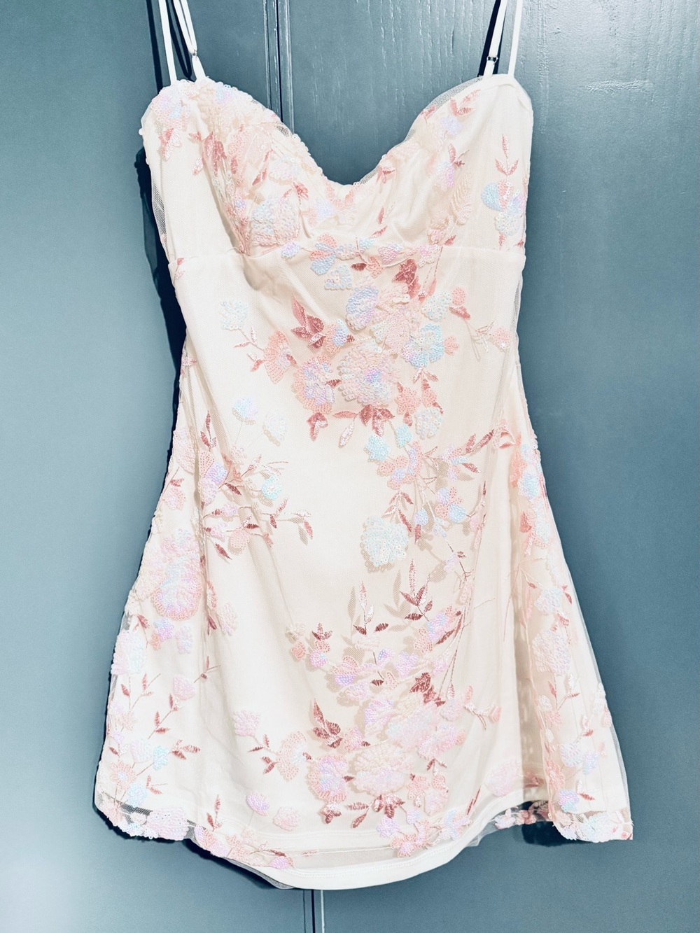 Lucy in the Sky Ivory Sheer Slip Dress with Pink Floral Appliqué - Picture 3 of 4